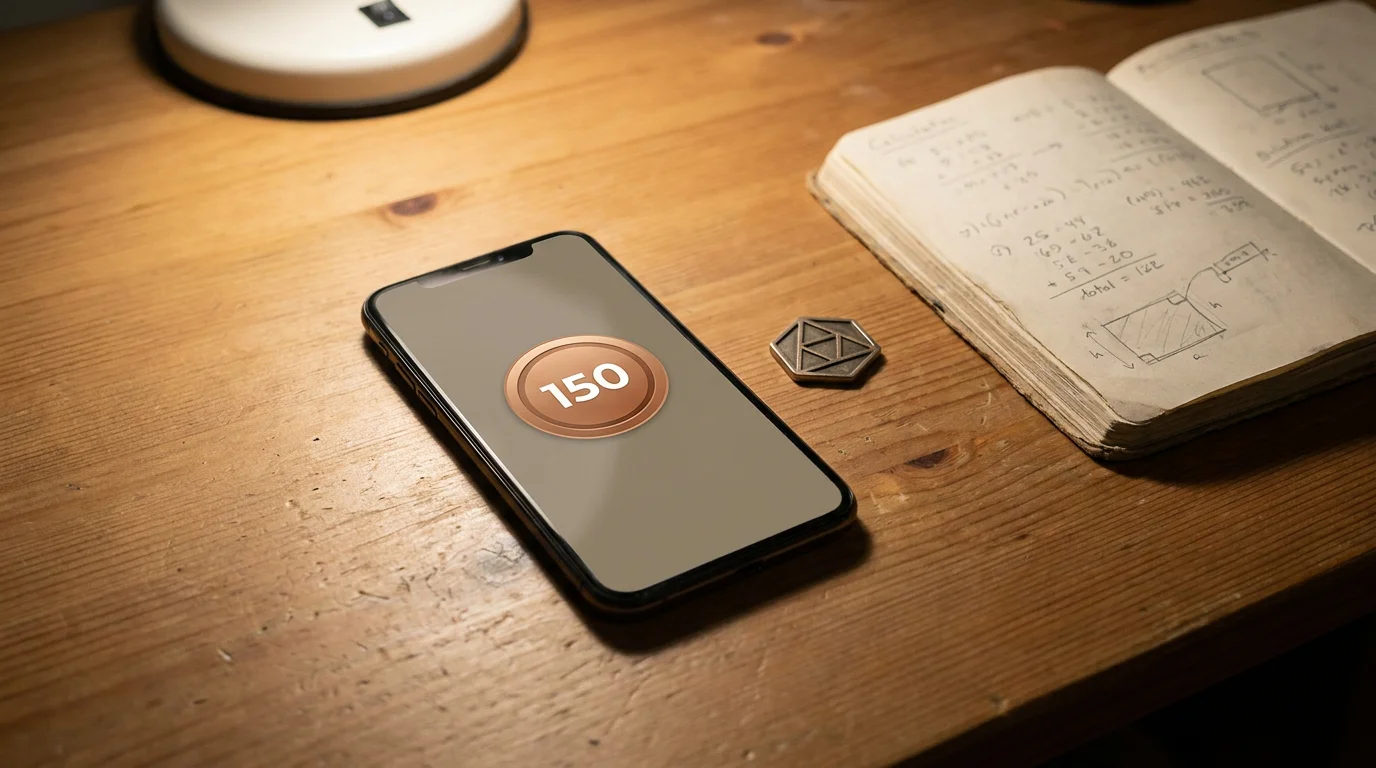 Smartphone auf Holztisch zeigt Prämienangebot mit 150 Freispielen auf dem Display