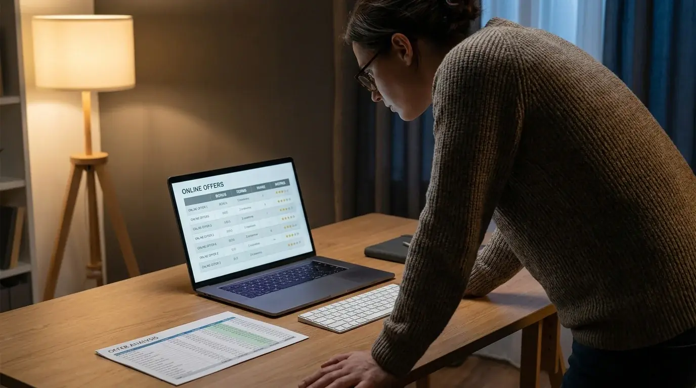 Person vergleicht Anbieter mit Freispielen ohne Einzahlung am Laptop
