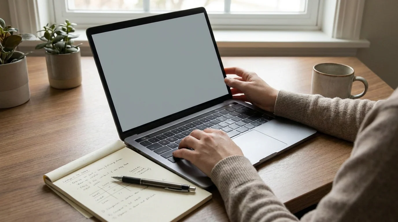 Schreibtisch mit Laptop und Notizblock beim Vergleich von Anbietern ohne LUGAS