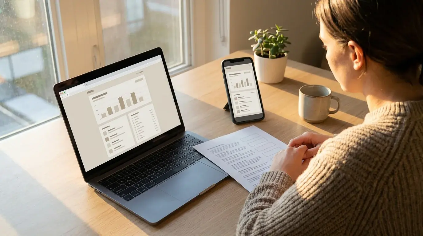 Person vergleicht mehrere Online Casinos mit Google Pay am Laptop und Smartphone