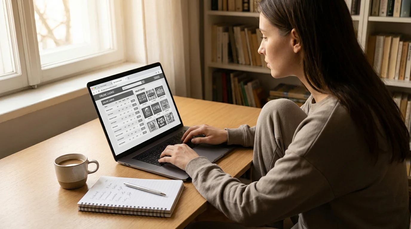 Person vergleicht mehrere Casino-Anbieter am Laptop mit Notizblock