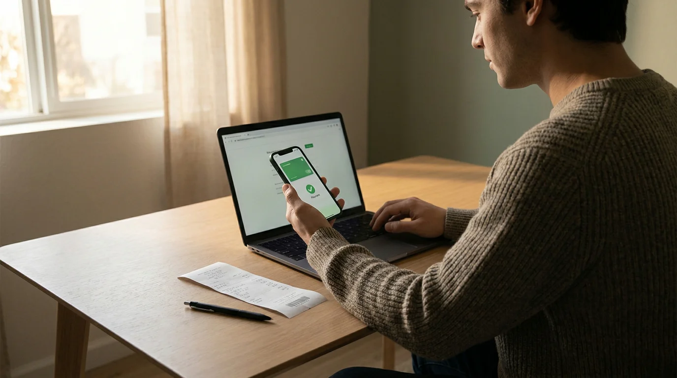 Person prüft Zahlungsmethoden und Auszahlungsoptionen am Laptop