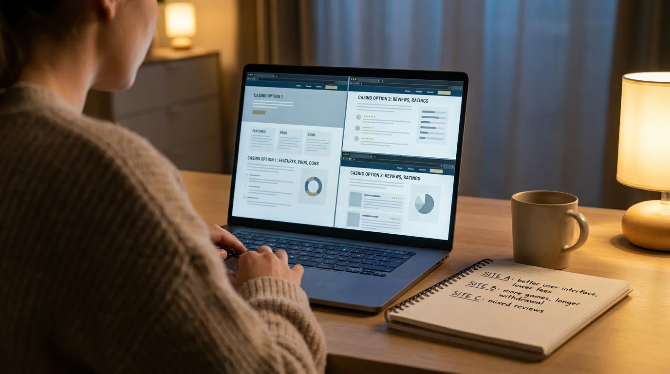 Person vergleicht mehrere Online Casinos mit Kontozahlung am Laptop