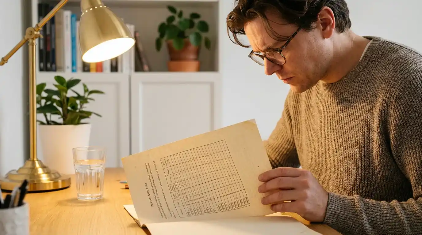 Person studiert am Schreibtisch ein Dokument mit Blackjack-Strategietabelle, ruhige Heimstudio-Atmosphäre