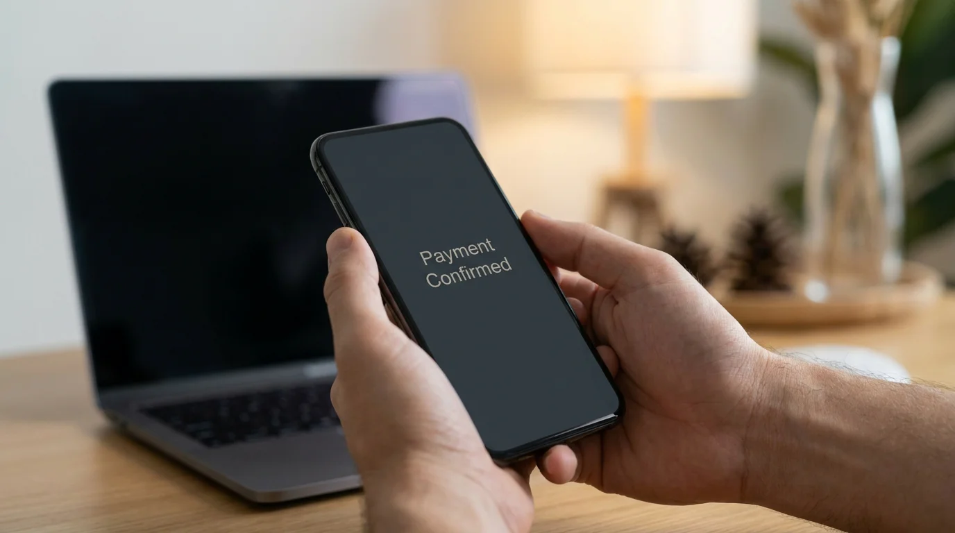 Hände mit Smartphone bei einer Auszahlung über ein E-Wallet, Laptop im Hintergrund