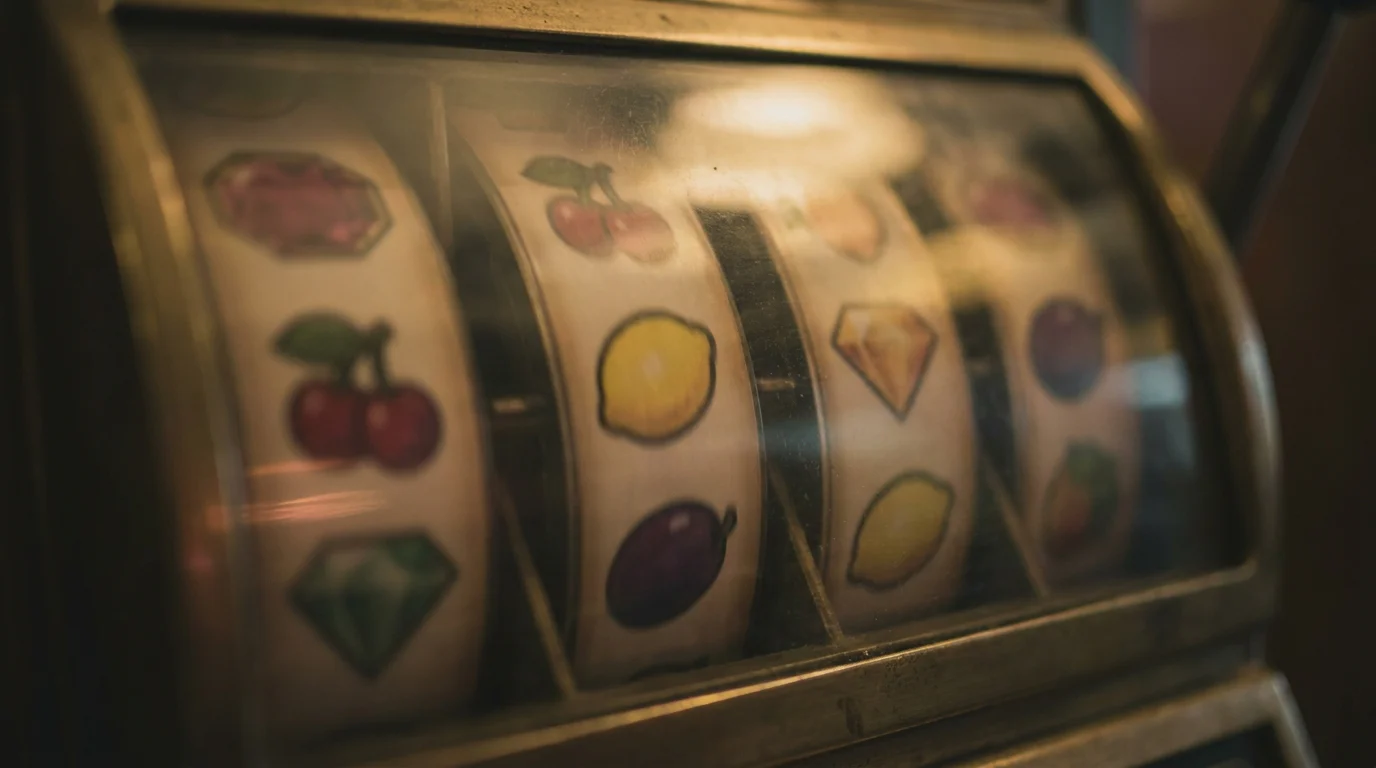 Unbeschriftete Spielautomaten-Walzen in weichem Licht als Sinnbild für die Spielgewichtung beim Cashback