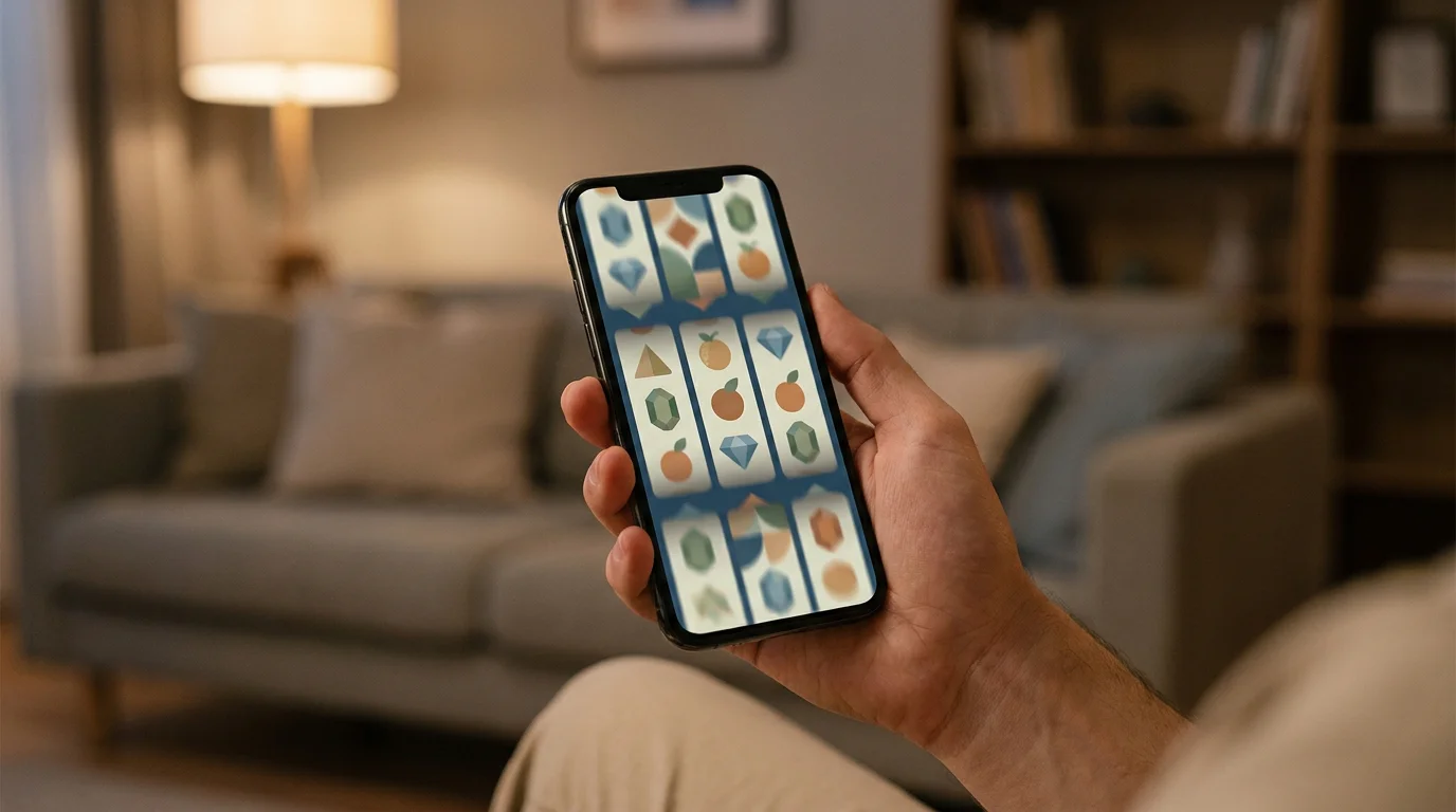 Smartphone-Bildschirm mit einer Auswahl generischer Spielautomaten-Walzen ohne erkennbare Markentitel
