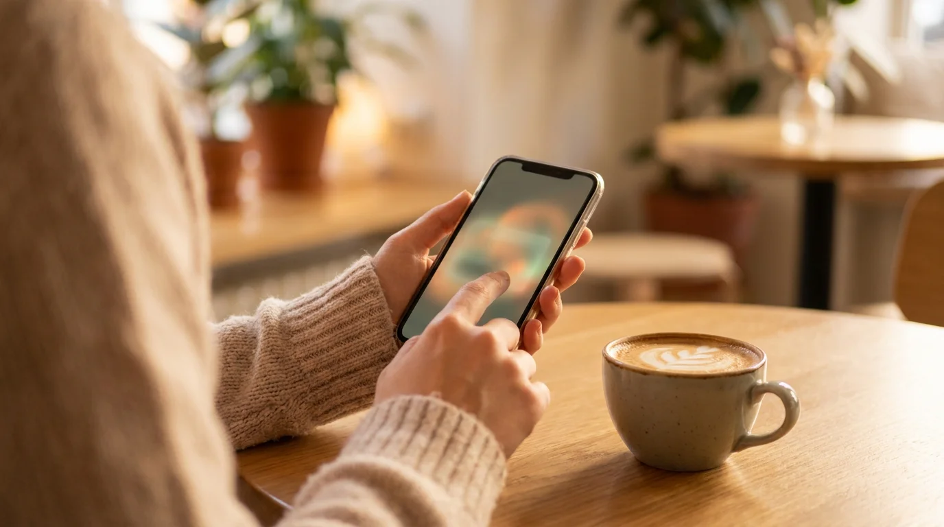 Person tippt auf einem Smartphone eine mobile Bezahlung an, daneben eine Tasse Kaffee auf dem Tisch