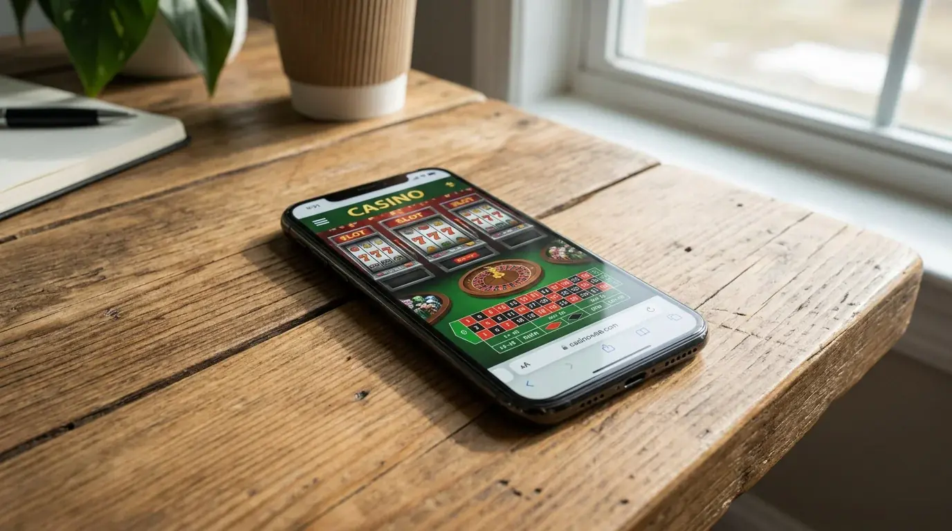 Smartphone mit Casino-Browser auf einem Holztisch liegend, Tageslichtstimmung, moderne Tischfläche