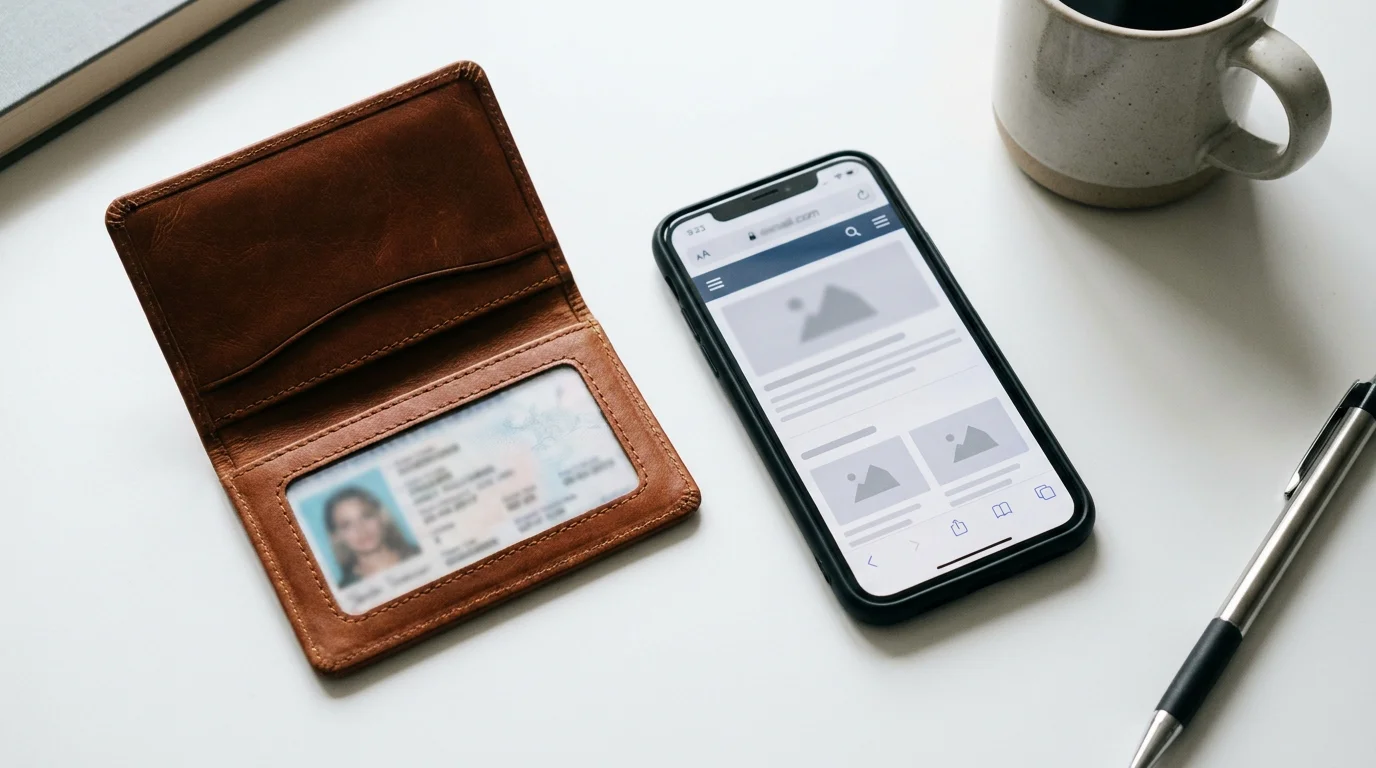 Aufgeklappter Personalausweis auf weißem Schreibtisch, daneben ein Smartphone mit geöffnetem Browser, keine lesbaren Texte