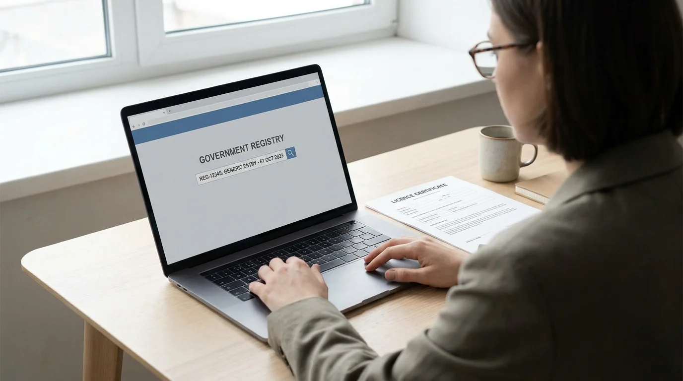 Person prüft auf Laptop die Lizenznummer eines Offshore-Casinos auf der Behörden-Website