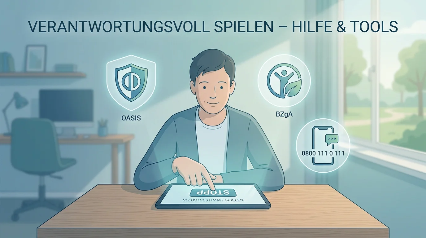 Grafik zu OASIS-Selbstsperre und verantwortungsvollem Spielen in Deutschland mit BZgA-Hinweis