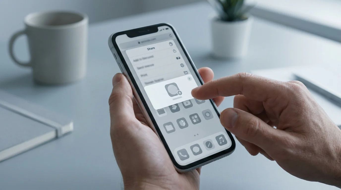 Hand legt ein Casino-Symbol als Web-App auf den Startbildschirm eines Smartphones