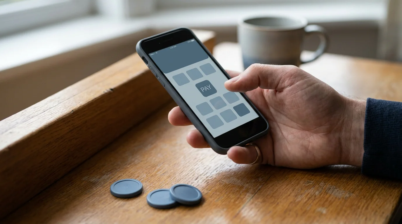 Smartphone mit geöffneter Bezahl-App neben abstrakten Spielmarken auf einem Schreibtisch