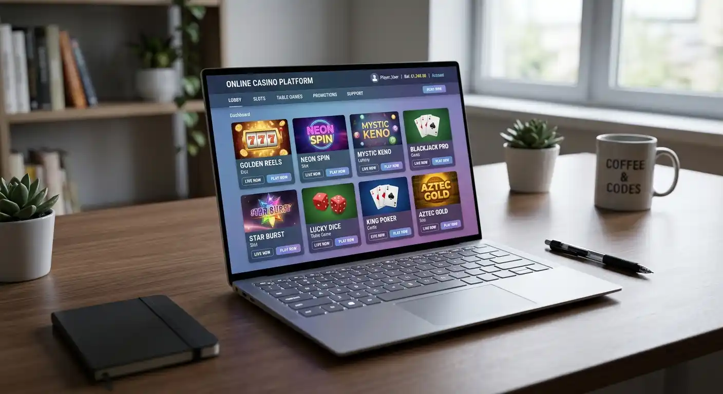 Laptop mit geöffnetem Online Casino Interface, neutrale moderne Benutzeroberfläche ohne Logos