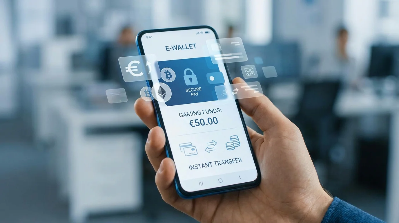 E-Wallet-Interface mit Zahlungssymbolen, Euro-Zeichen und digitale Transaktionselemente ohne Markennamen