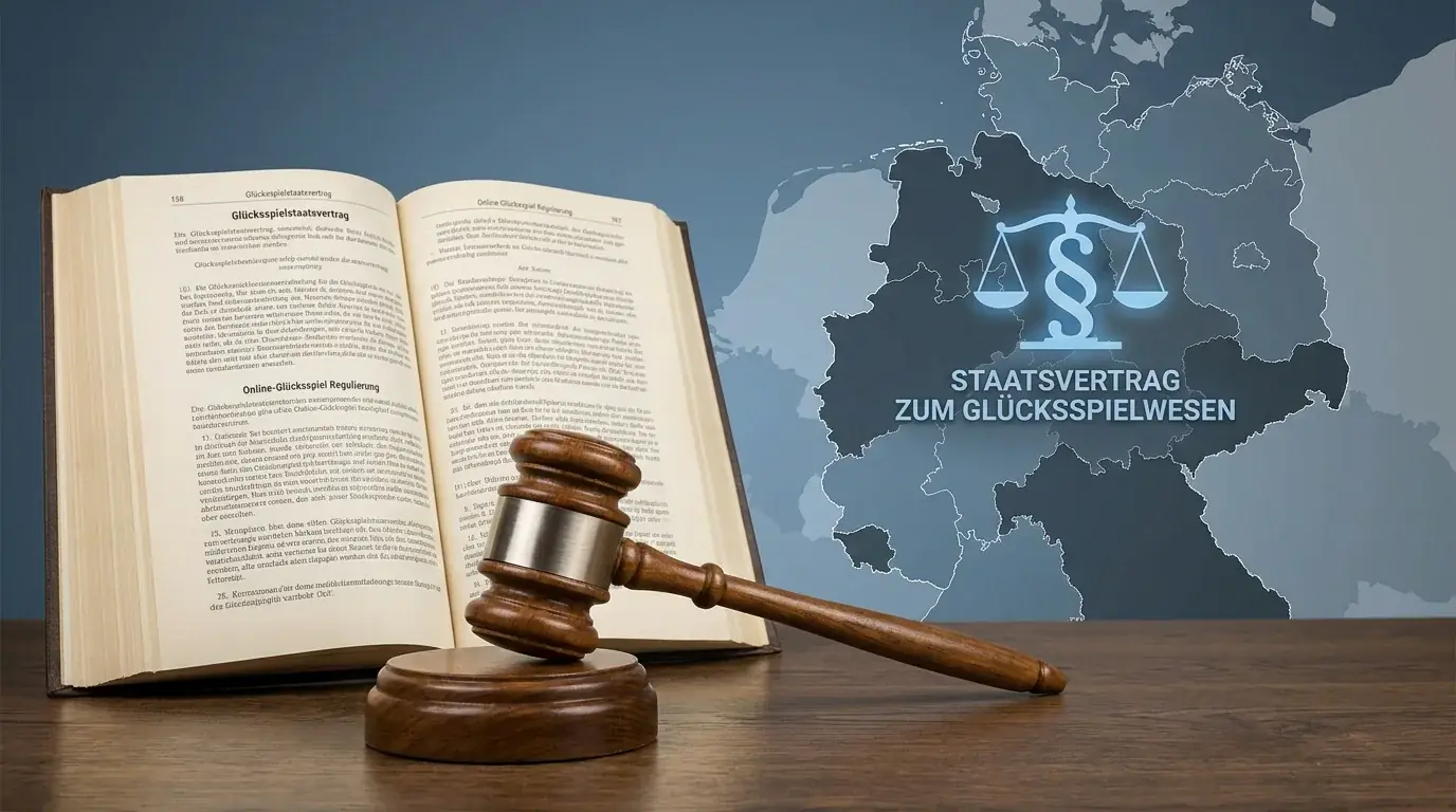 Deutschlandkarte mit Justizsymbolen, Richterhammer und Gesetzestexten zur Glücksspielregulierung