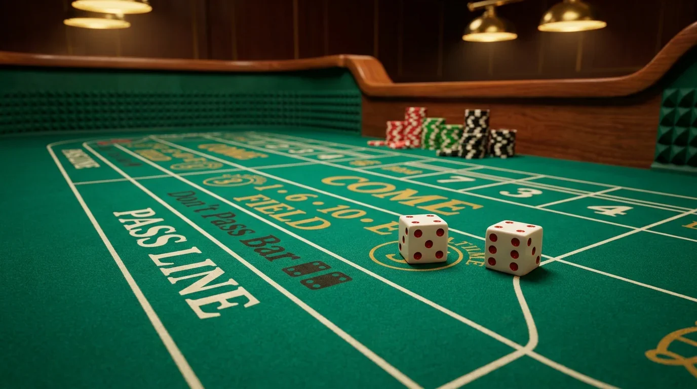 Craps-Spielfeld mit Würfeln in Nahaufnahme, grüner Filztisch mit Wettfeldern und Punktemarkierungen