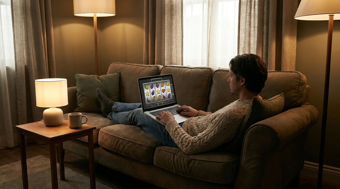 Person testet einen Spielautomaten im kostenlosen Demo-Modus am Laptop