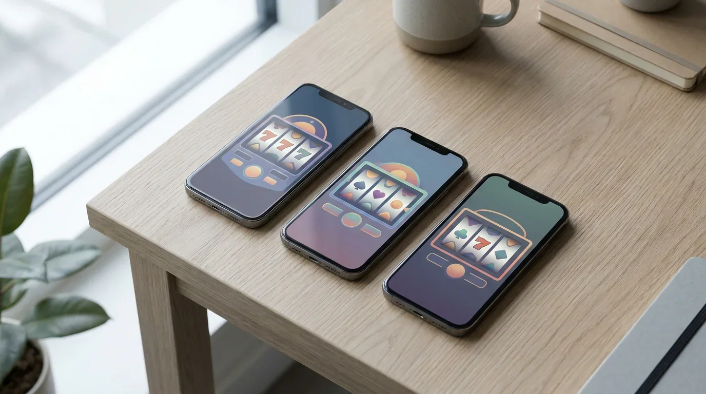 Mehrere Smartphones nebeneinander mit verschiedenen geöffneten Casino-Spieloberflächen ohne Markenlogos