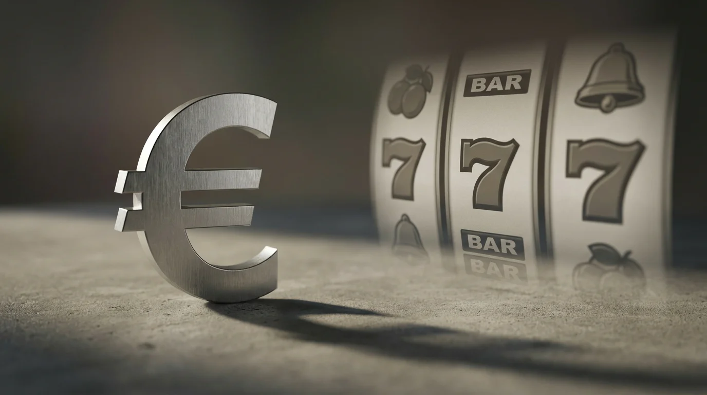 Ein-Euro-Münze neben Spielautomat-Walzen