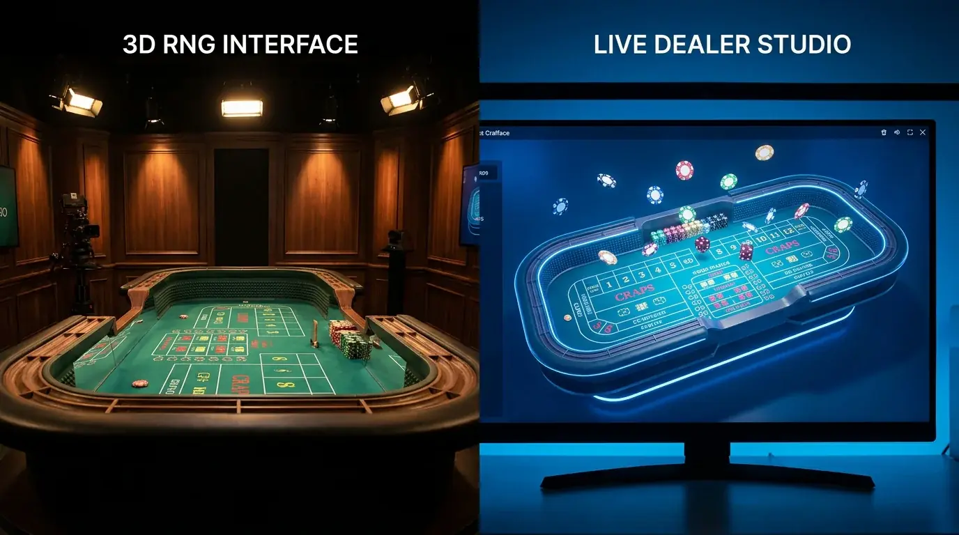 Geteilter Bildschirm mit Evolution Live Craps Studio links und First Person RNG Interface rechts im Vergleich