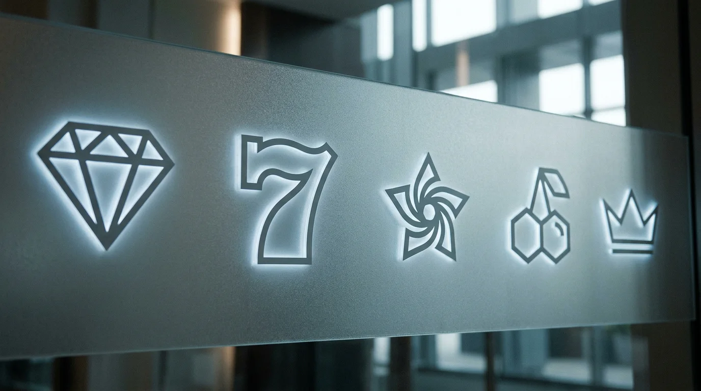 Abstrakte Casino-Reel-Symbole auf einer beleuchteten Glasfläche ohne Markenzeichen