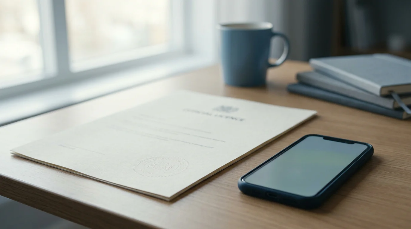 Neutrales amtliches Lizenzdokument mit Stempel neben einem Smartphone auf einem Schreibtisch