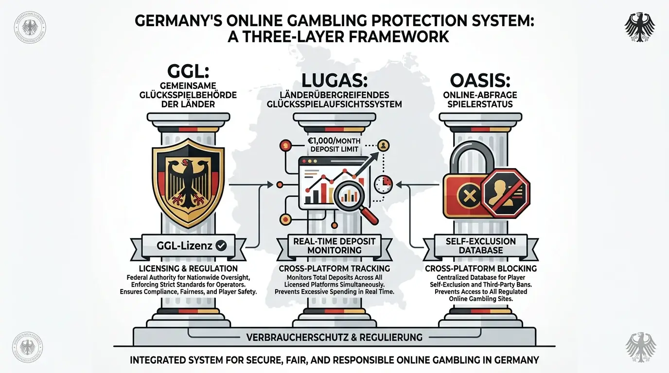 Infografik zur GGL-Lizenz Deutschland: LUGAS-Monitoring und OASIS-Spielersperre im Überblick
