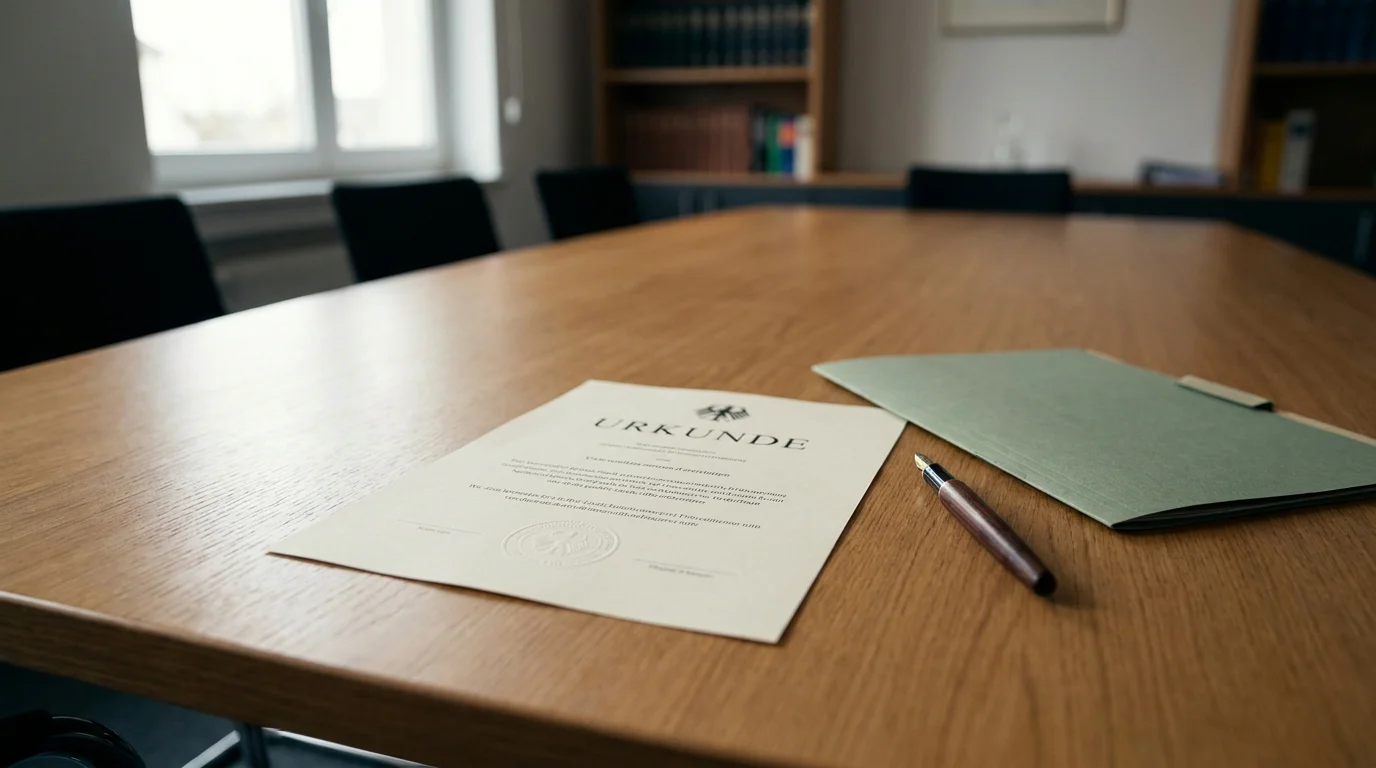 Offizielles Lizenzdokument mit Behördensiegel auf einem Konferenztisch neben einem Stift