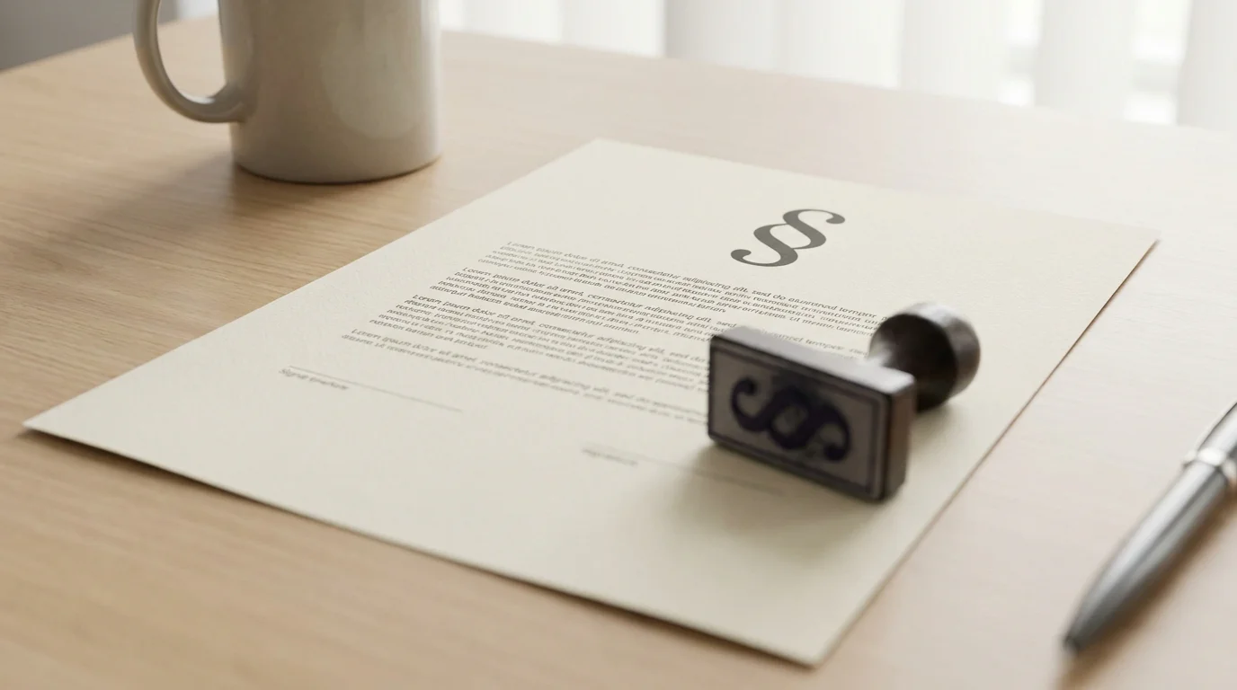 Regulierungsdokument auf einem hellen Schreibtisch, Stempel und Paragraphensymbol, neutrales Bürolicht