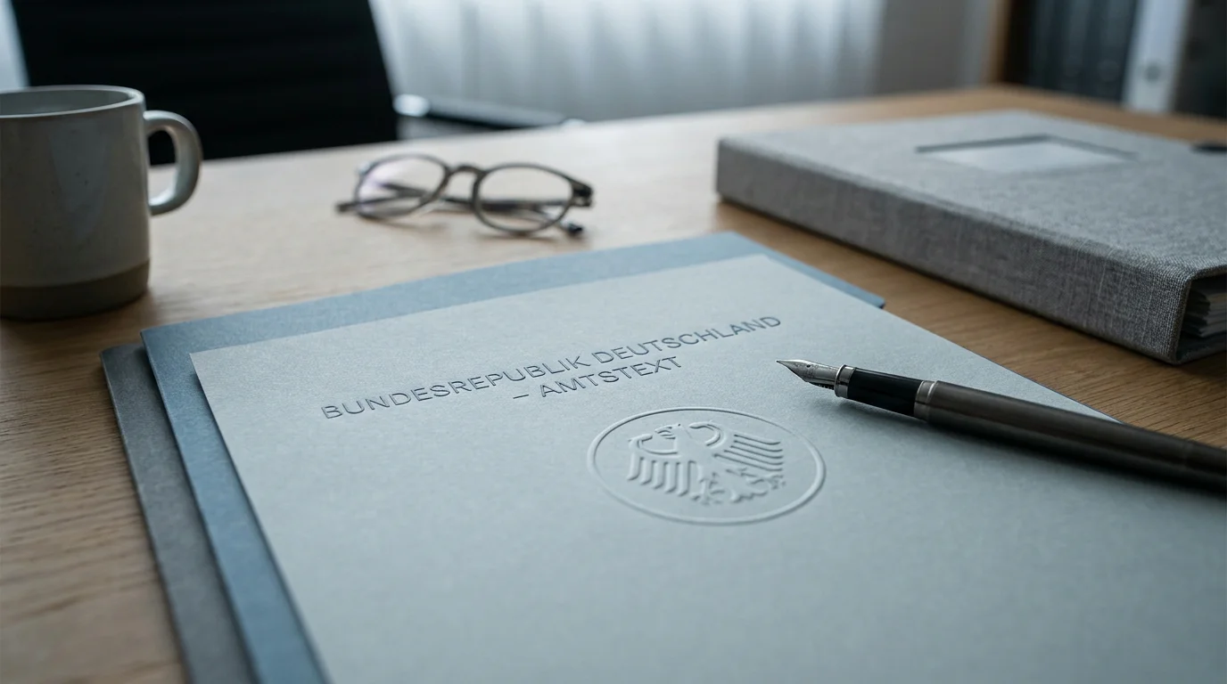 Deutsches Regulierungsdokument mit Stempel auf einem Schreibtisch