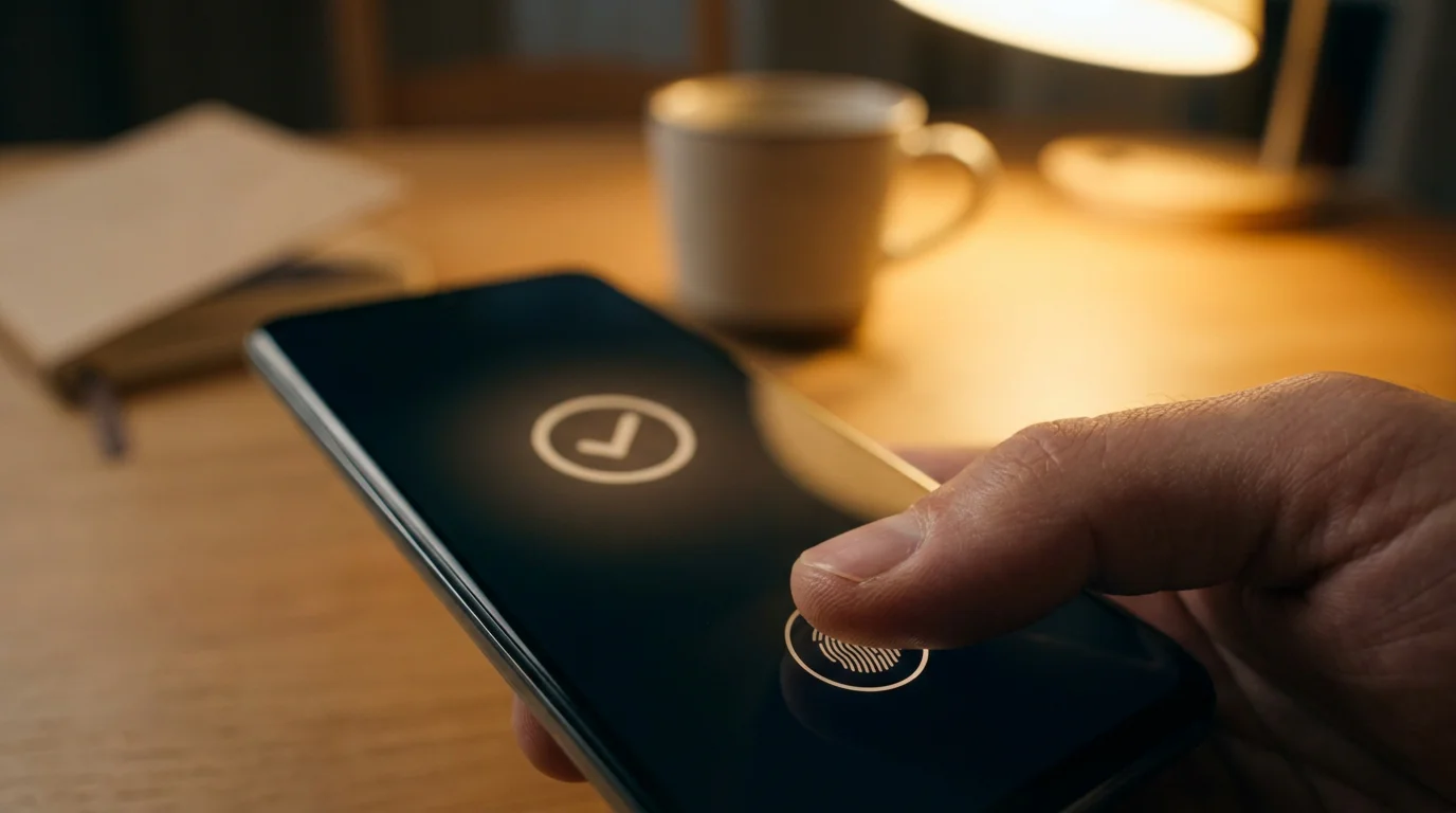 Hand hält Smartphone mit Fingerabdruck-Bestätigung für eine Casino-Einzahlung mit Google Pay