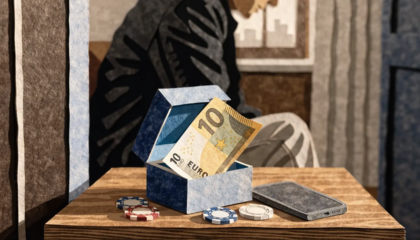Geschenkbox mit Zehn-Euro-Schein und Casino-Chips auf einem Tisch