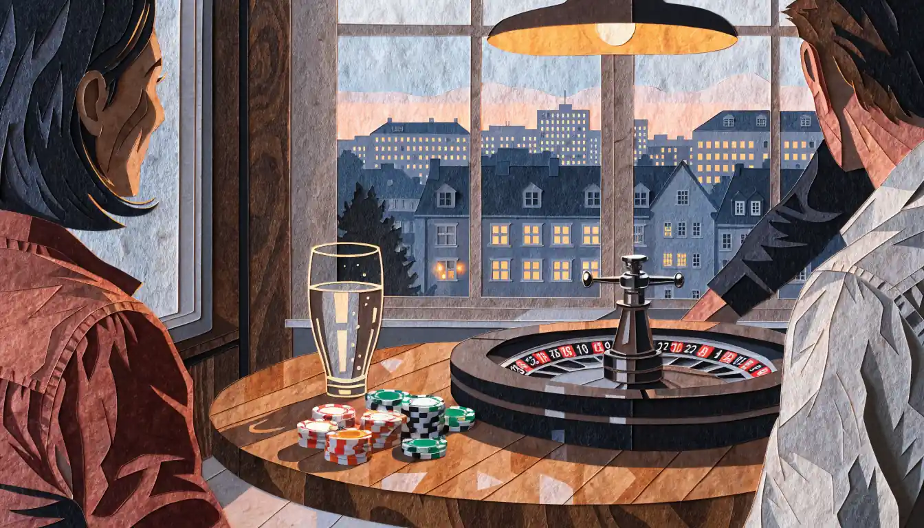 Abendliche Szene mit Spielchips, Roulette und Skyline einer deutschen Stadt.