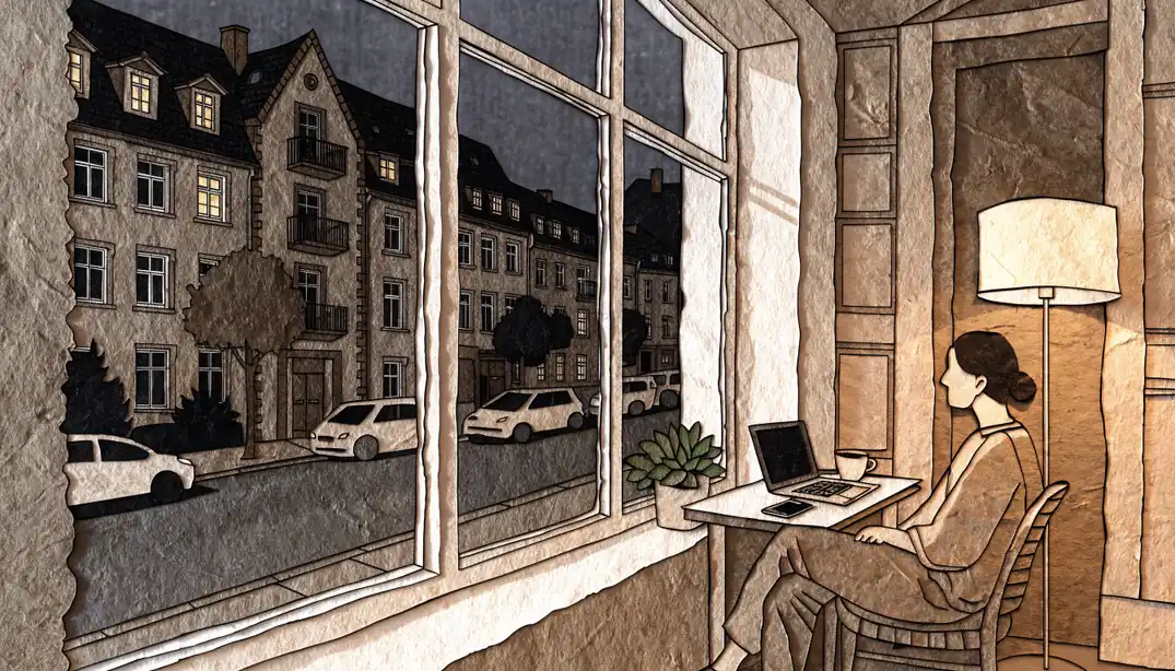 Abendliche Szene in einer deutschen Wohnung mit Laptop und Kaffee