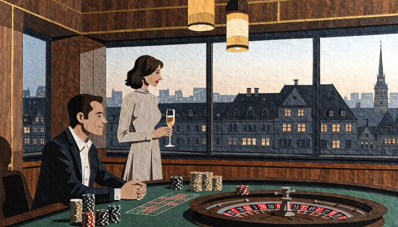 Stilvolle Casino-Lounge mit Roulette-Tisch und Blick auf deutsche Stadtsilhouette bei Abenddämmerung.