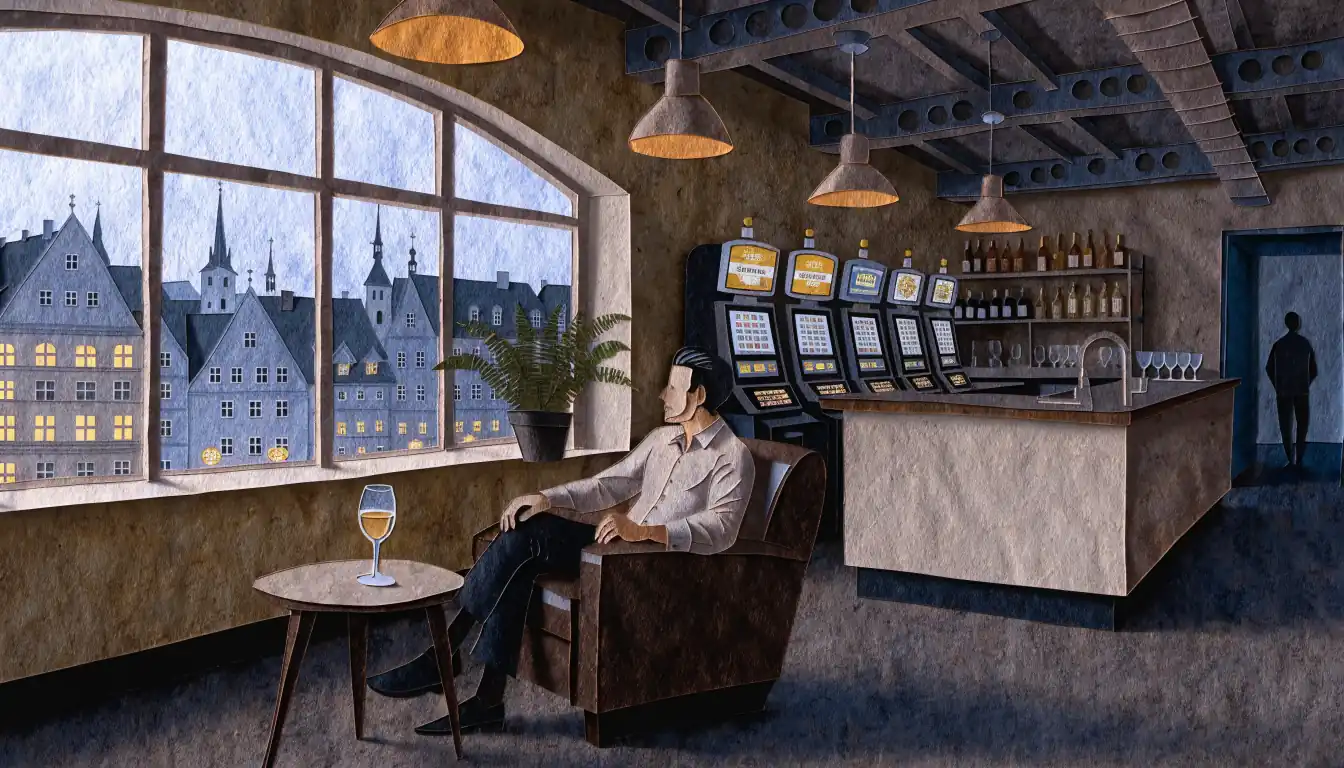 Modernes Casino-Lounge Interieur mit Spielautomaten bei Abendlicht in Deutschland