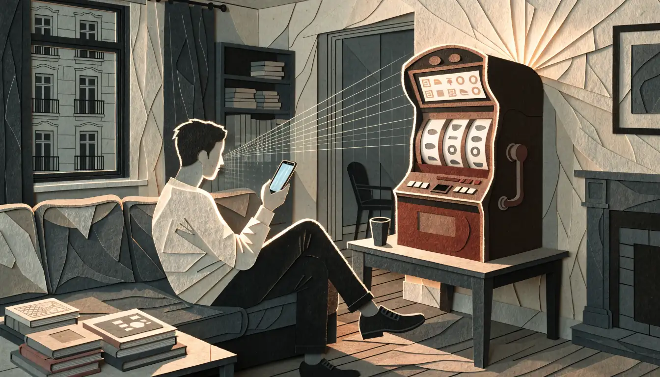 Person im Wohnzimmer mit Smartphone neben einem leise leuchtenden Spielautomaten, der die Verbindung zwischen Spieler und Spiel symbolisiert.