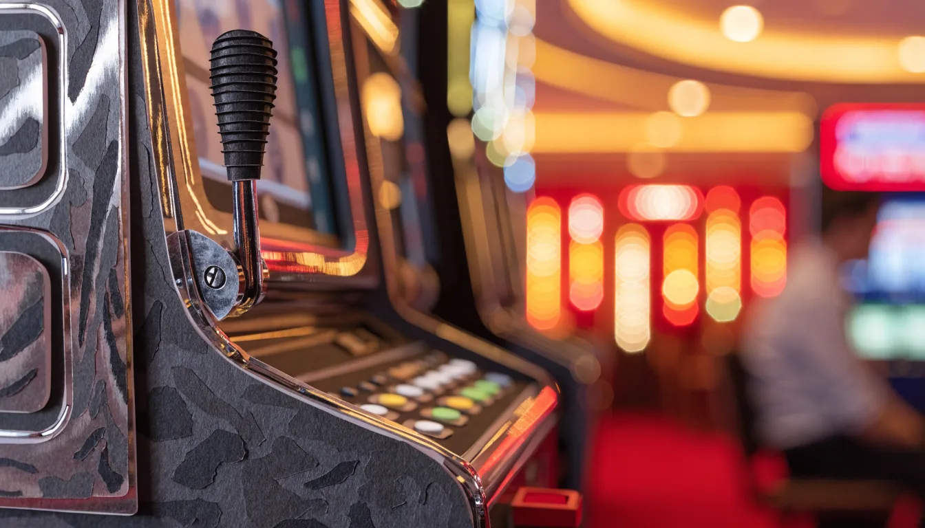 Nahaufnahme eines Spielautomaten in einer deutschen Spielhalle mit Chromdetails und Hebel