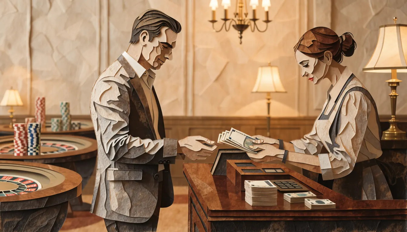Spielerbarerinn in einer Spielhalle, der an der Kasse Euro-Scheine erhält.