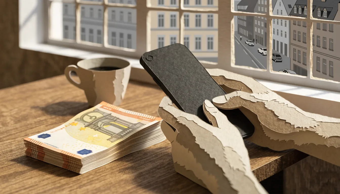 Hände mit Smartphone und Euro-Geldscheinen auf einem Tisch