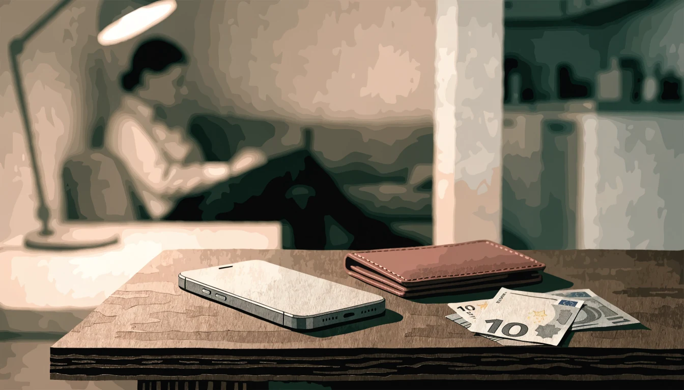 Smartphone mit Geldbörse und Euro-Scheinen auf einem Holztisch