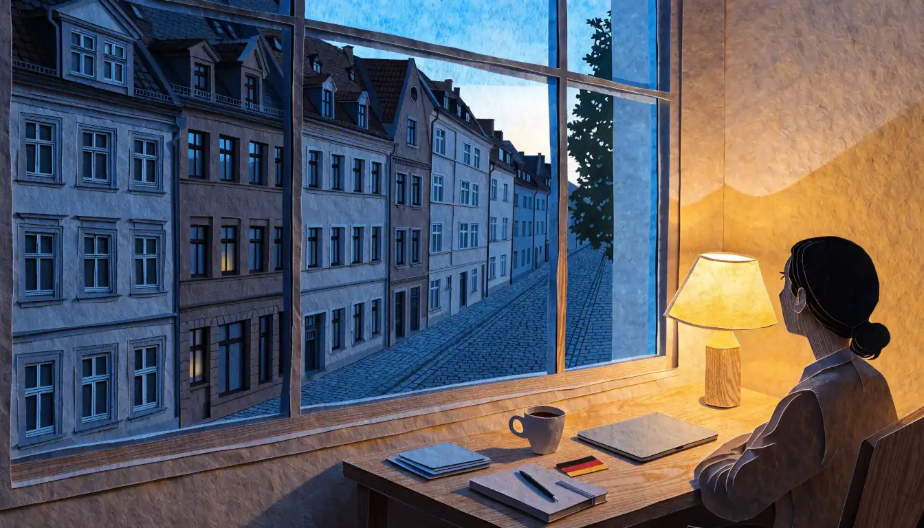 Abendlicher Arbeitsplatz in einer deutschen Wohnung mit Blick auf Altbauten.