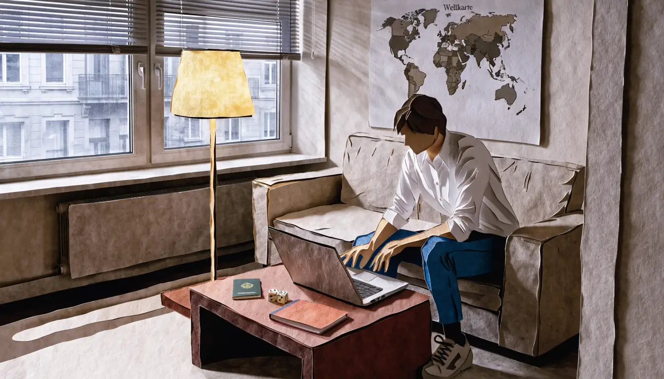 Person am Laptop mit Reisepass und Würfeln im Wohnzimmer.