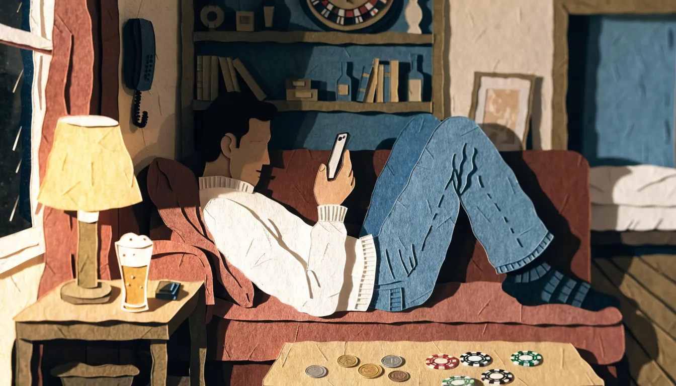 Abendliche Szene in einem deutschen Wohnzimmer mit Smartphone, Casino-Chips und Roulette-Rad.