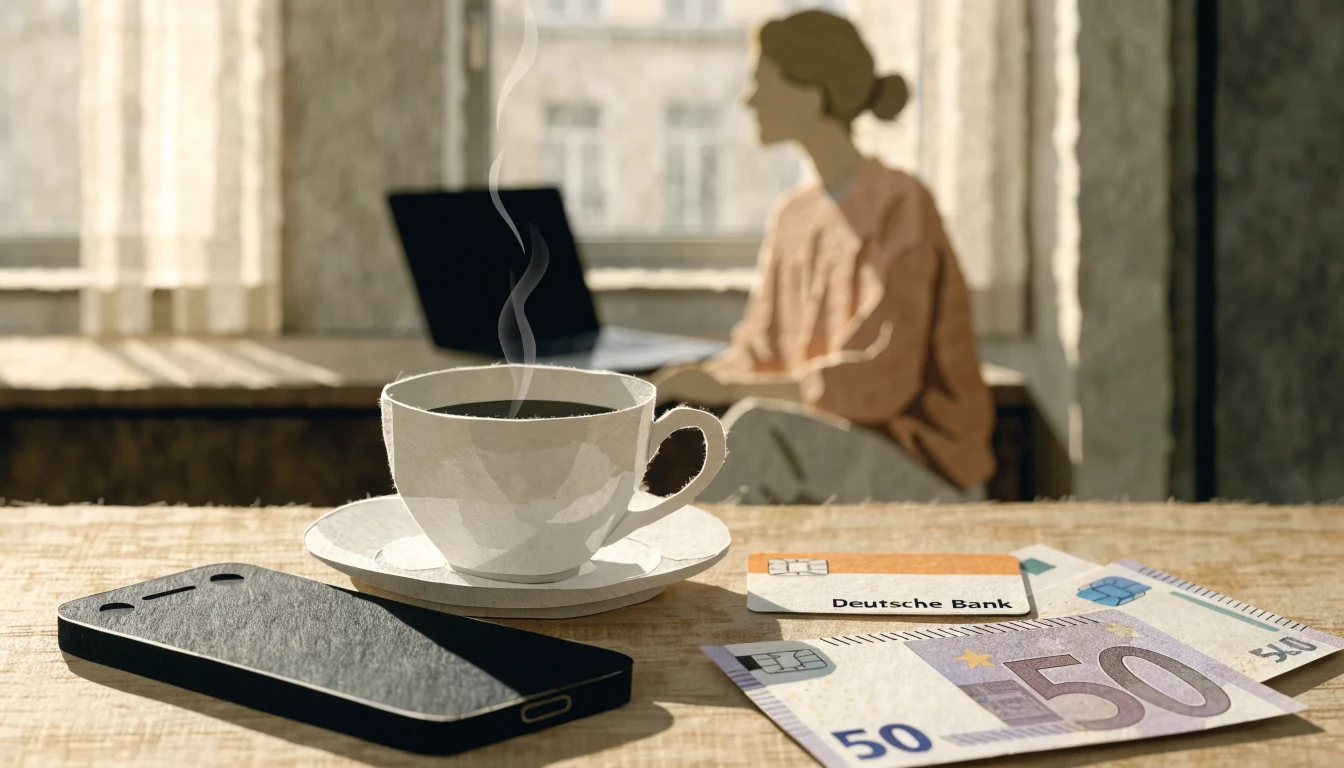Smartphone mit EC-Karte und Geldscheinen auf einem Tisch in einer deutschen Wohnung