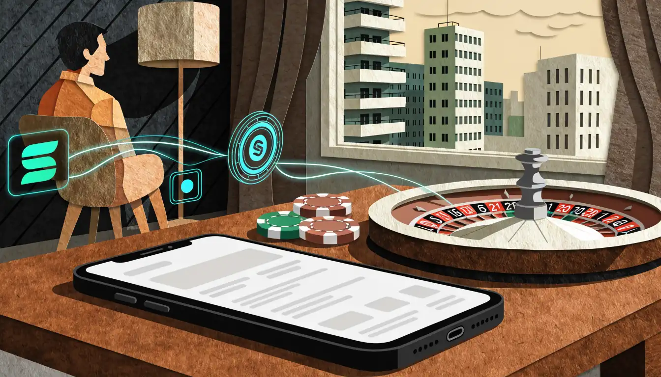 Smartphone mit Solana-Wallet neben Casino-Chips und Roulette
