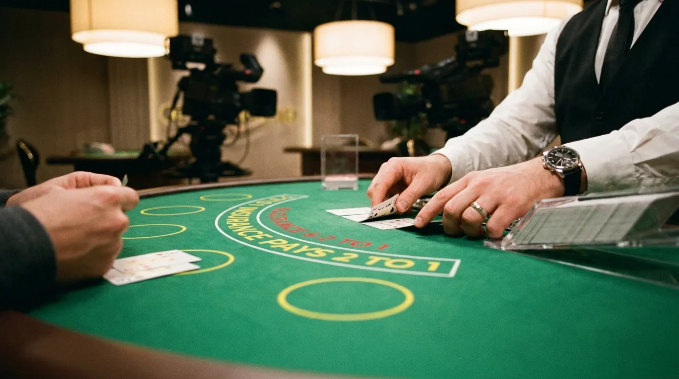 Live-Blackjack-Tisch aus Spielerperspektive mit professionellem Croupier in Studio-Beleuchtung