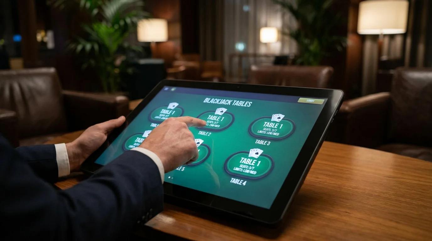 Tablet-Bildschirm mit Live-Casino-Lobby-Interface, mehrere Blackjack-Tischoptionen sichtbar, Spielerhände beim Auswählen